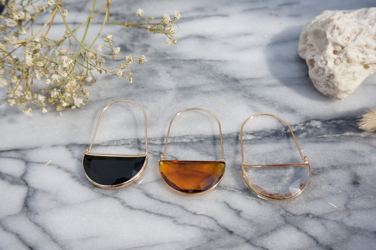 Glass Half Moon Hoop Earrings / Black Brown Clear / Geometric Hoop Earrings