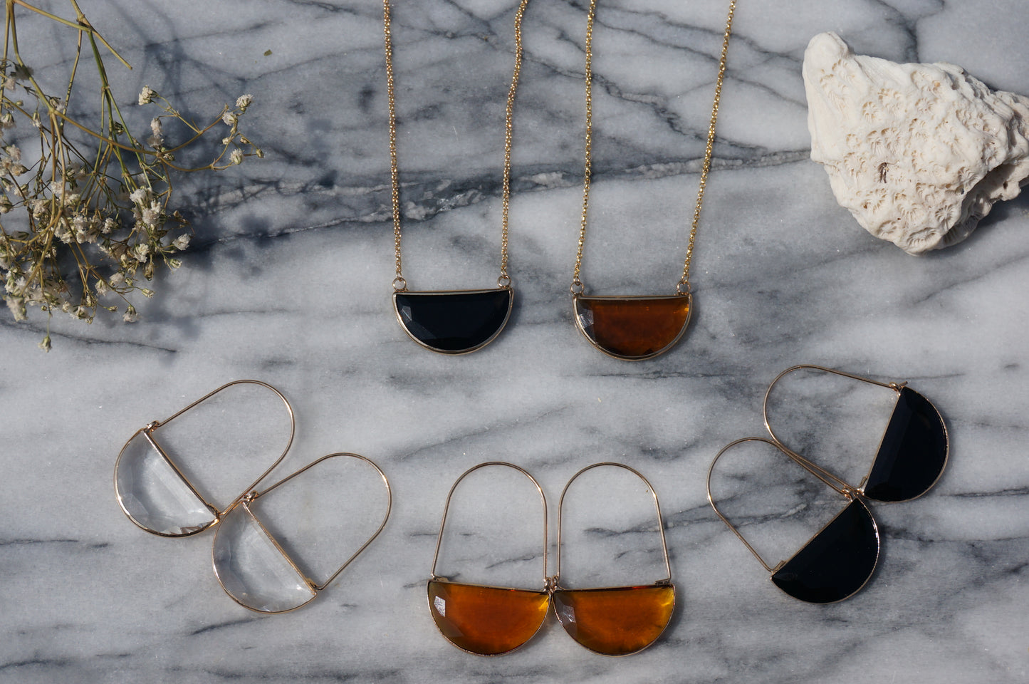 Glass Half Moon Hoop Earrings / Black Brown Clear / Geometric Hoop Earrings