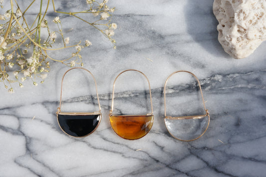 Glass Half Moon Hoop Earrings / Black Brown Clear / Geometric Hoop Earrings