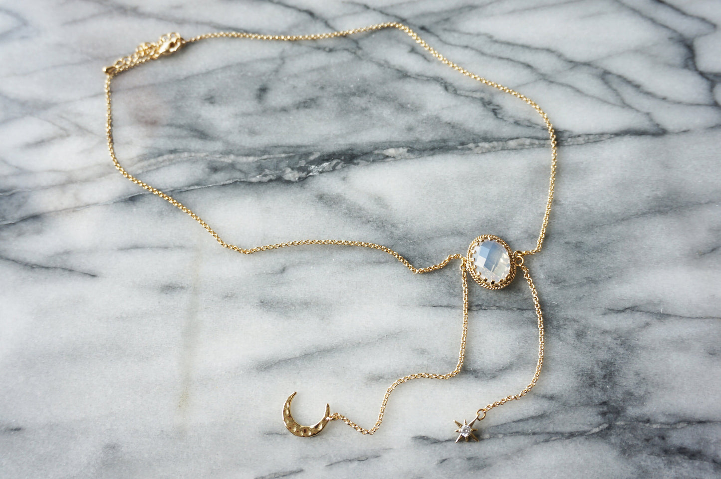 ISHTAR Moonstone, Moon and Star Necklace in Gold / Silver