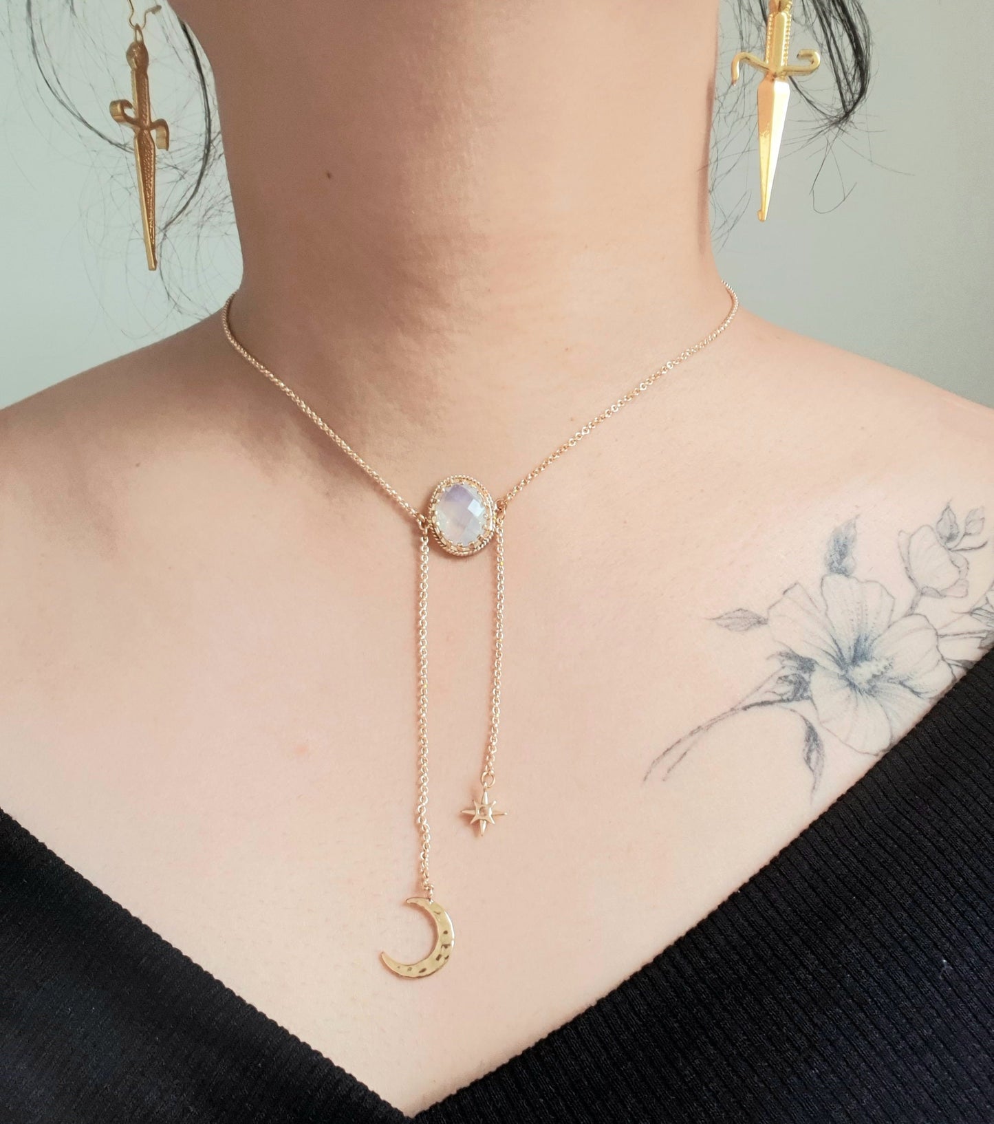 ISHTAR Moonstone, Moon and Star Necklace in Gold / Silver