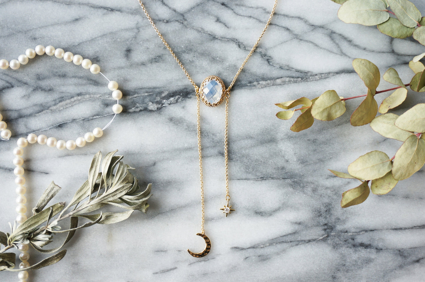 ISHTAR Moonstone, Moon and Star Necklace in Gold / Silver