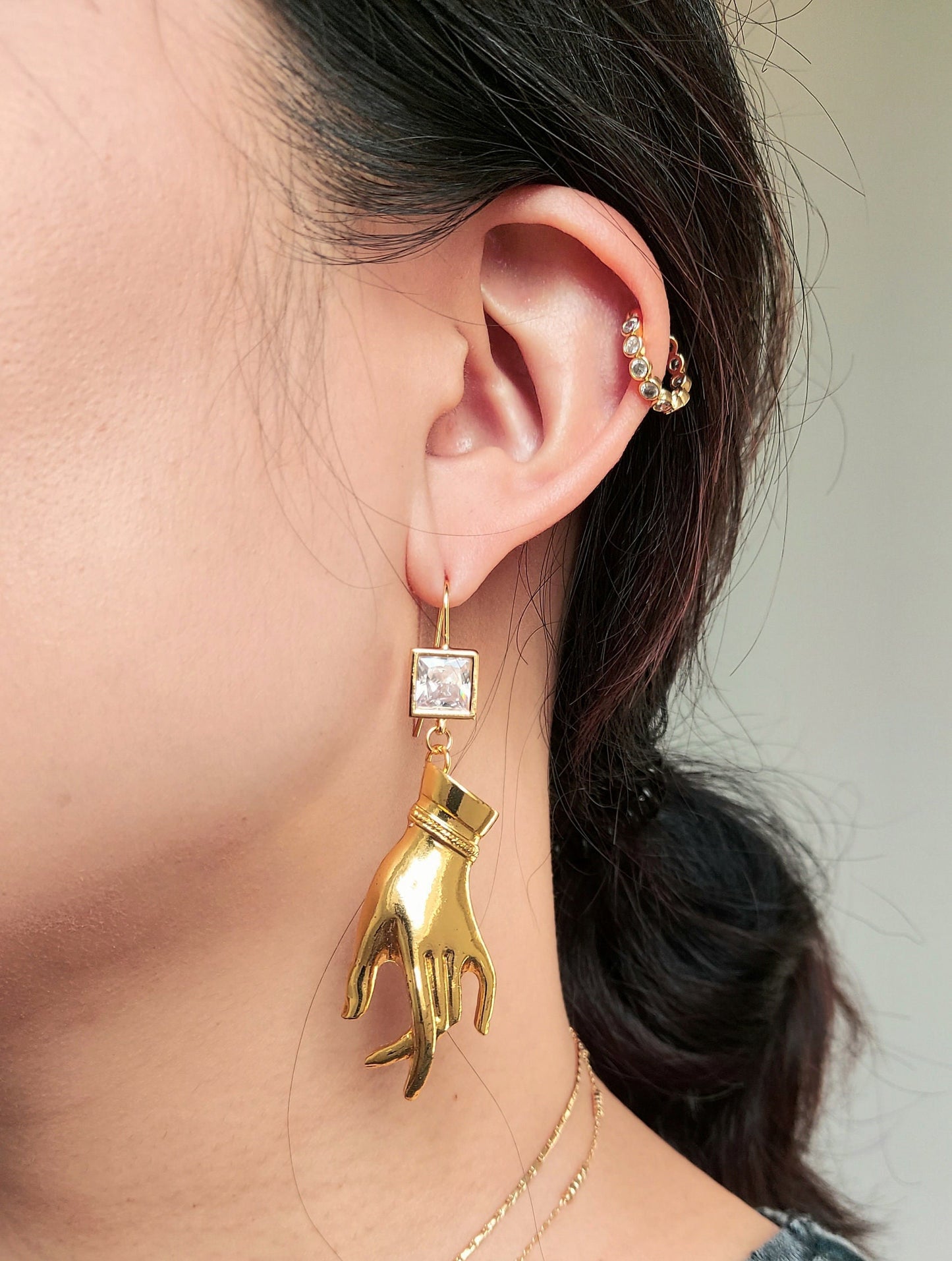 Gold Dagger and Tarot Hand Mismatched Crystal Earrings