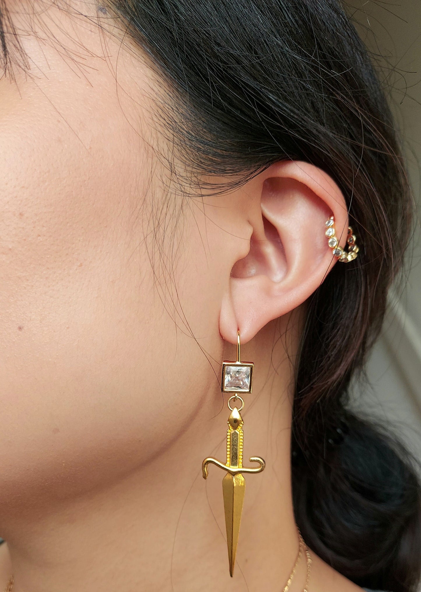 Gold Dagger and Tarot Hand Mismatched Crystal Earrings