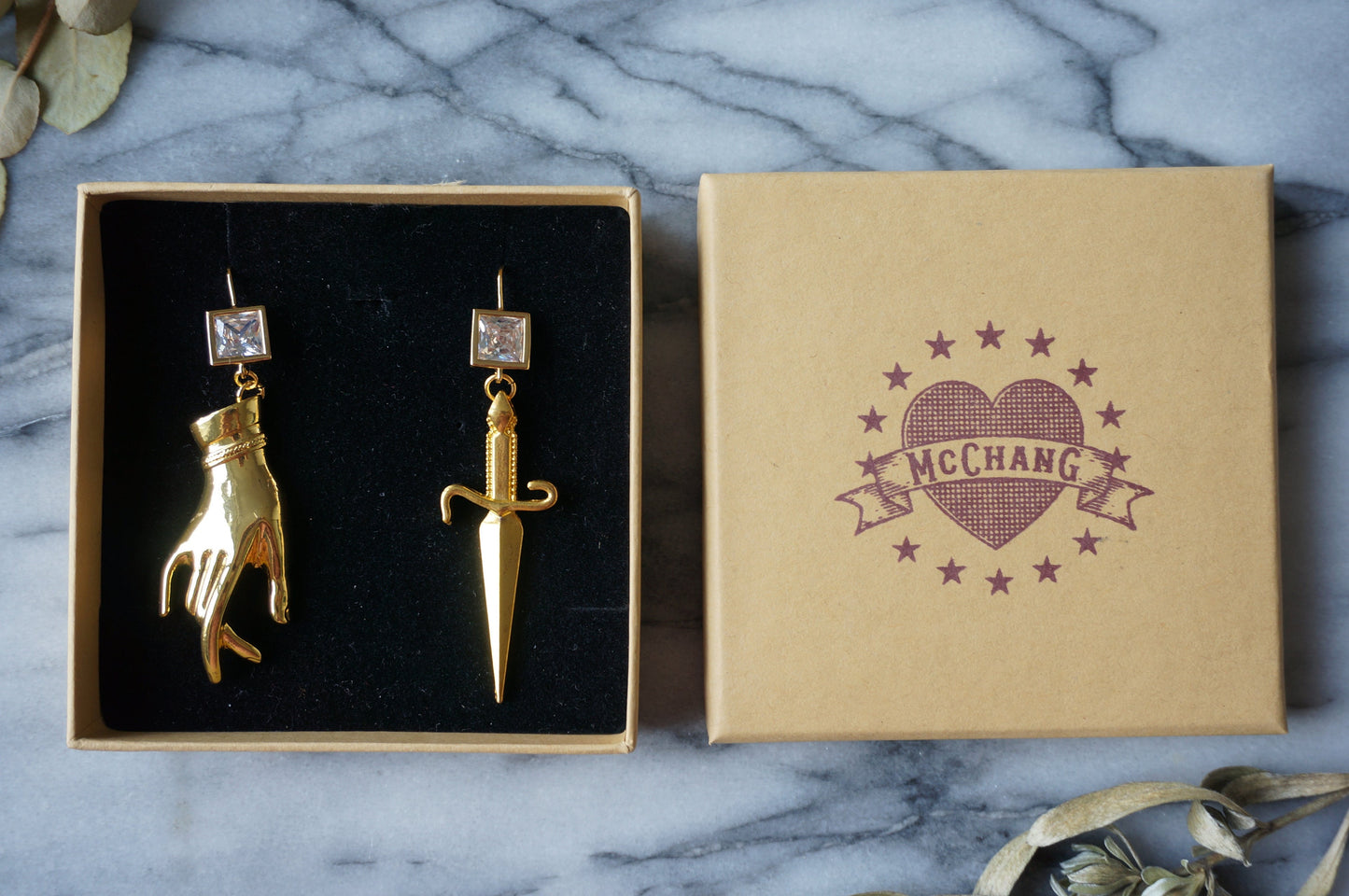 Gold Dagger and Tarot Hand Mismatched Crystal Earrings