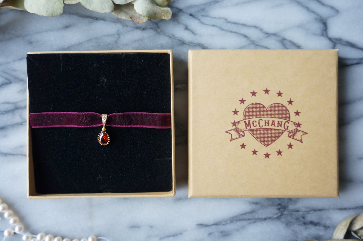 RUBY Deep Red Teardrop and Burgundy/Black Stretch Velvet Choker