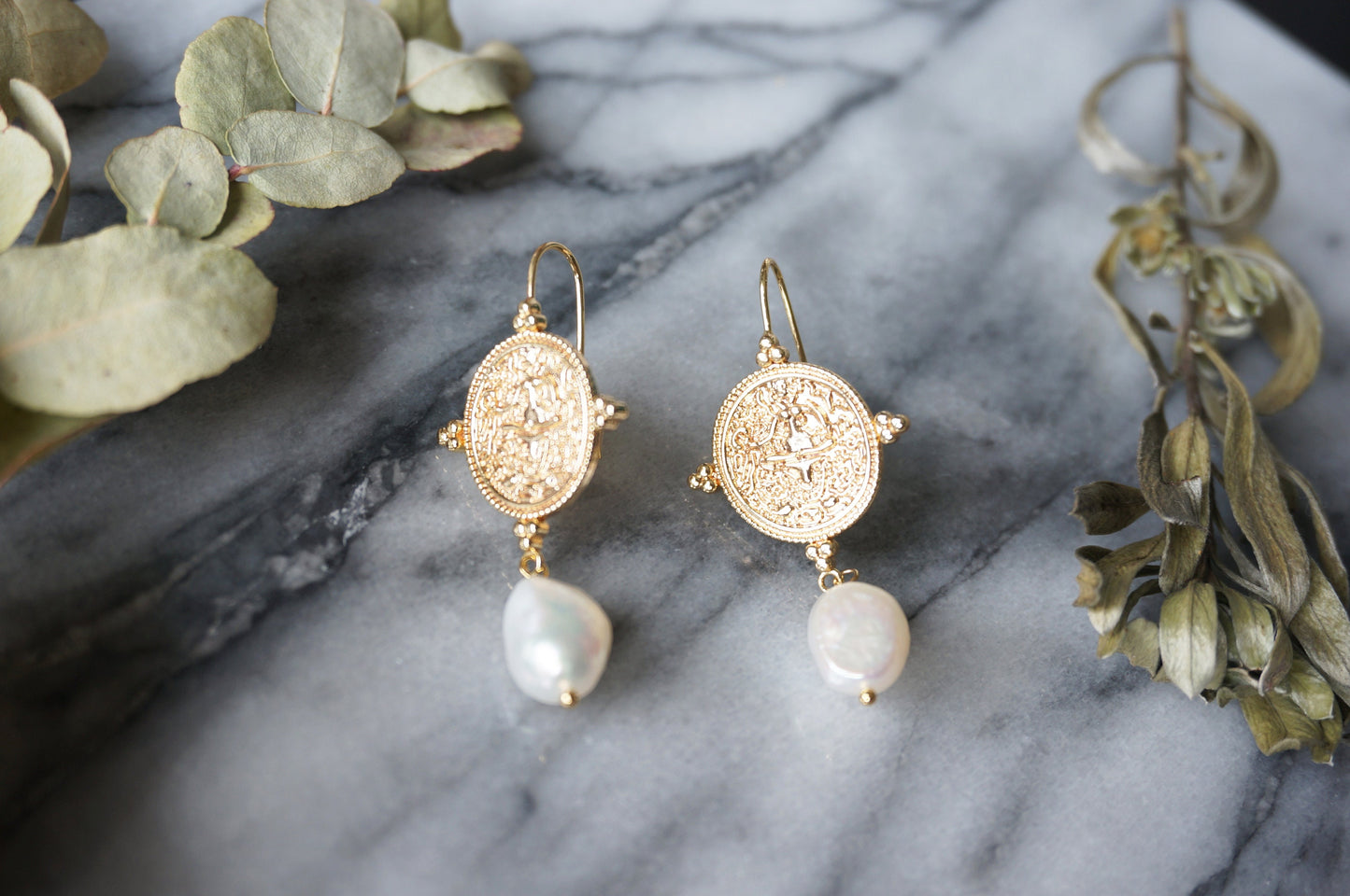 El Dorado Antique Gold Coin and Baroque White / Black Pearl Earrings / Boho Pearl Earrings