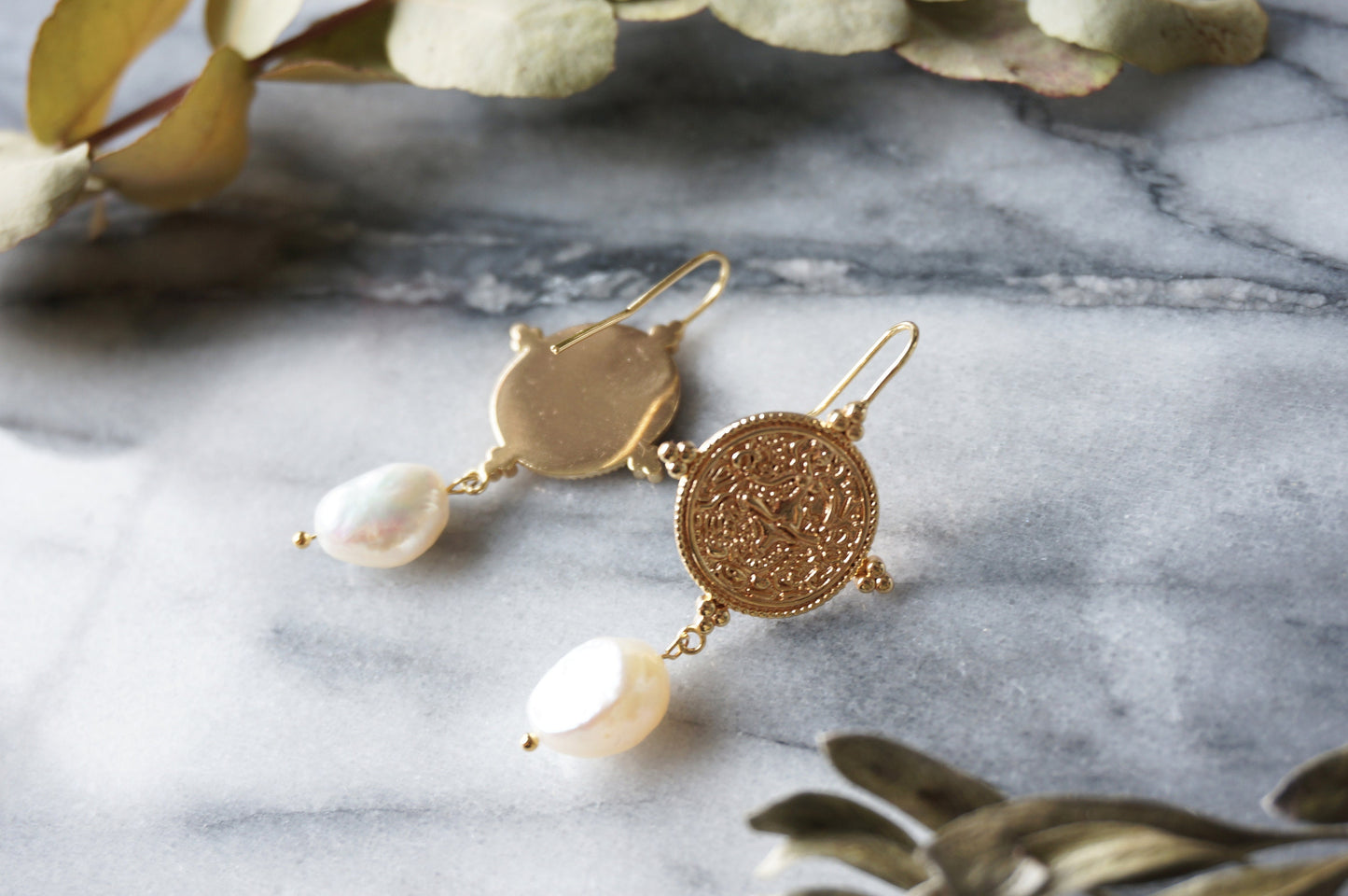 El Dorado Antique Gold Coin and Baroque White / Black Pearl Earrings / Boho Pearl Earrings