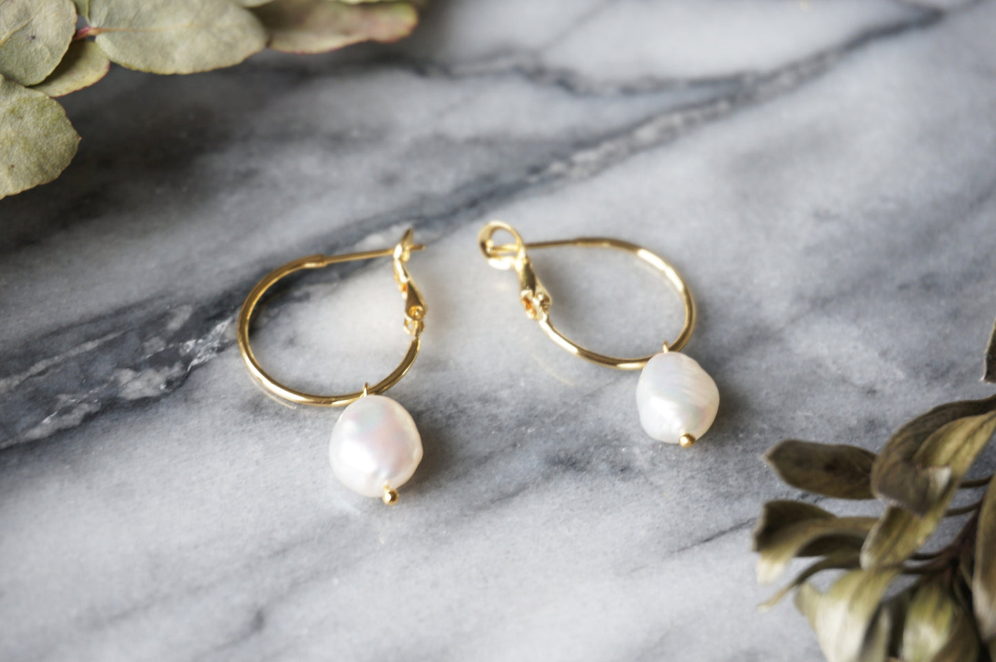 18k Gold Plated Hoop Baroque Pearl Earrings / Minimalist Pearl Earrings