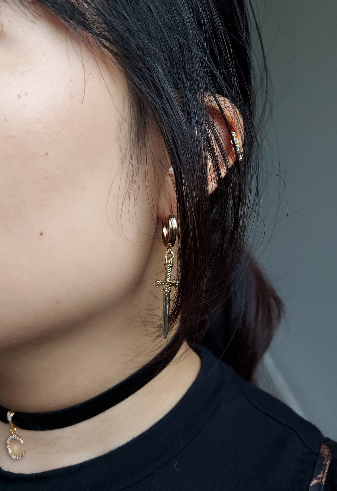 Gold/Silver Antique Dagger SINGLE Huggie Hoop Earring / Tarot Sword Earring SINGLE