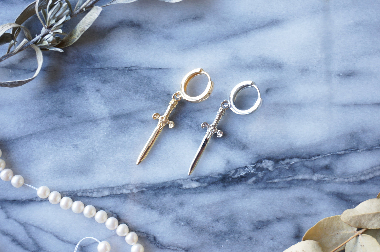 Gold/Silver Antique Dagger SINGLE Huggie Hoop Earring / Tarot Sword Earring SINGLE