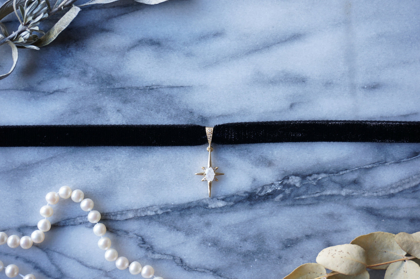 North Star Moonstone and Black / Deep Blue Stretch Velvet Choker/ Black