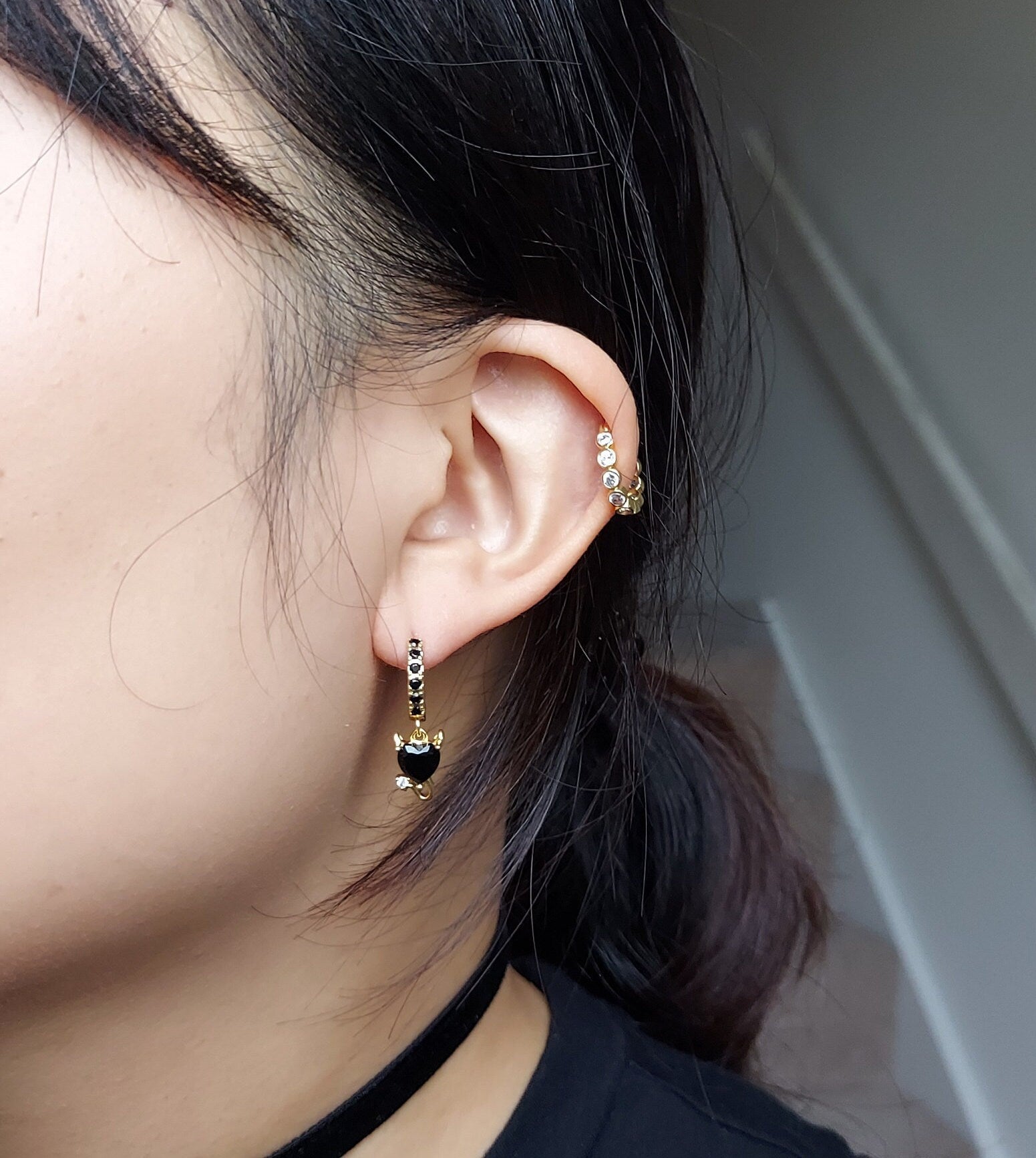 BEDAZZLED Gold/Silver Black Devil's Heart Mini Hoop/Huggie Earrings