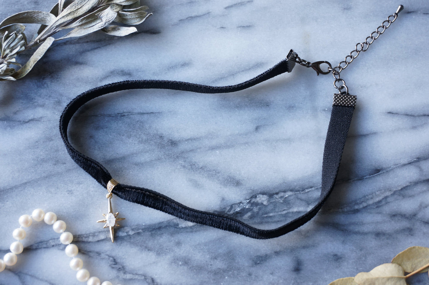 North Star Moonstone and Black / Deep Blue Stretch Velvet Choker/ Black