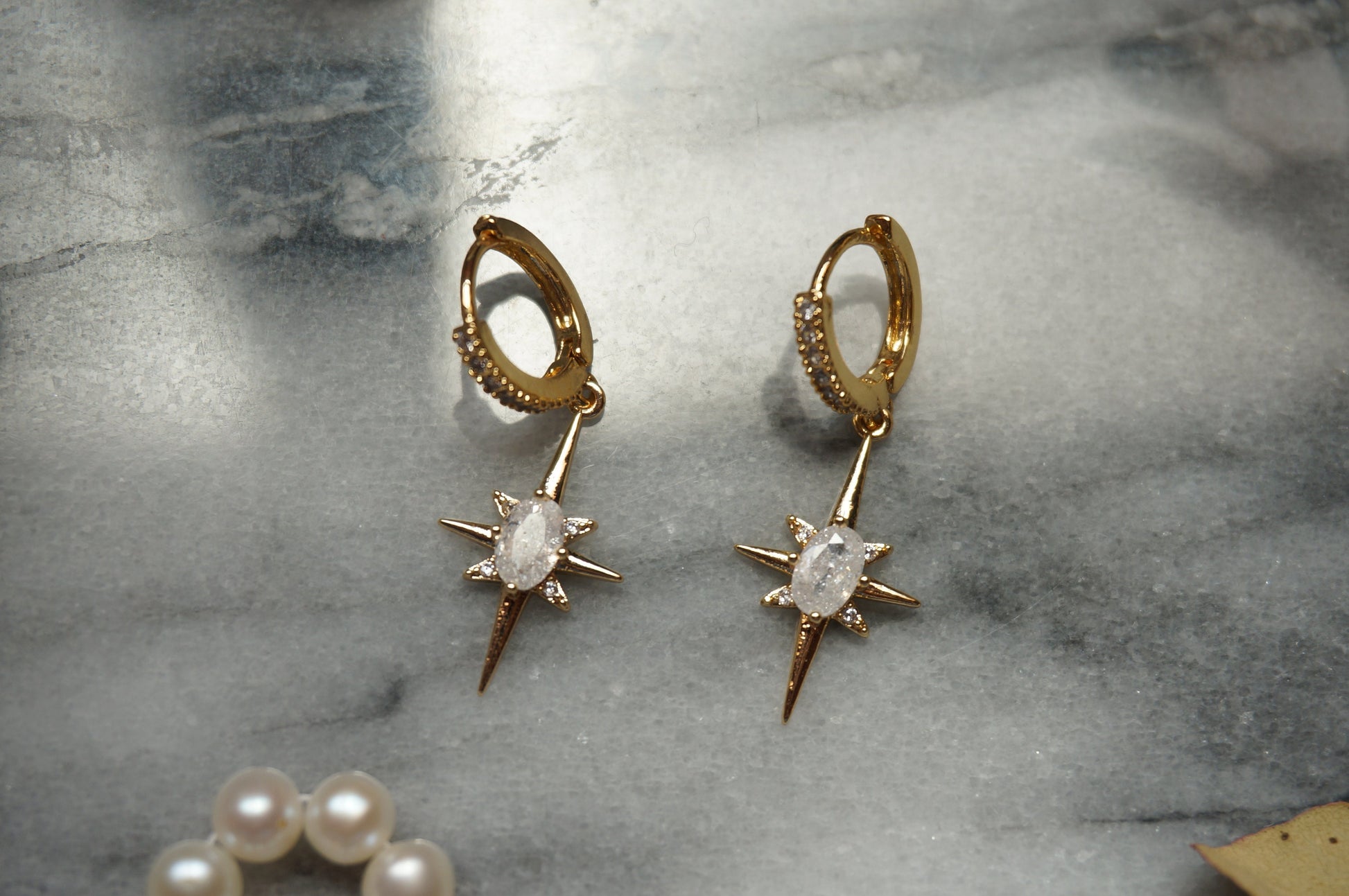 SELESTE North Star Opalite Huggie Hoop Earrings in Gold / Silver