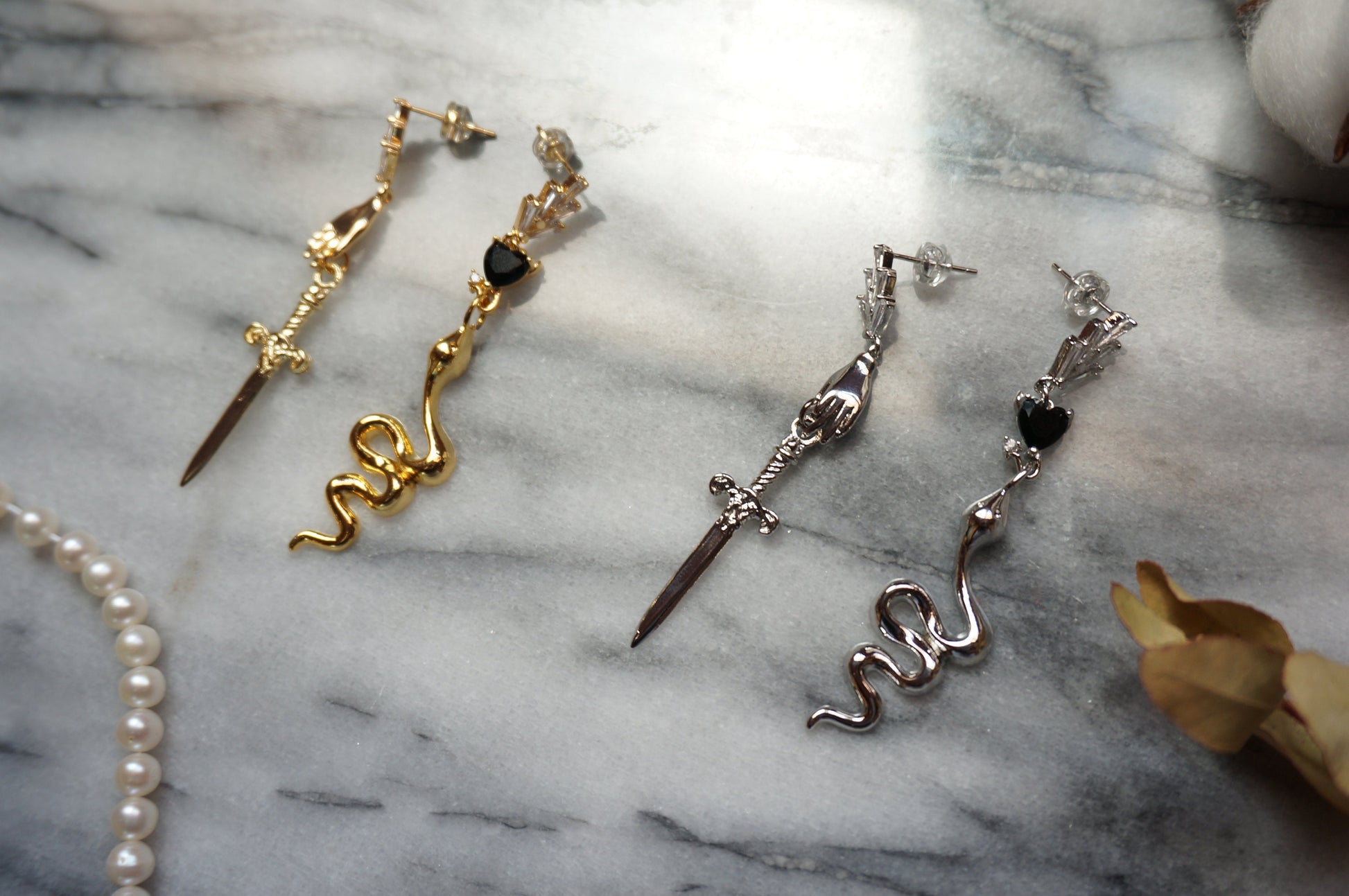 HERMES Gold/Silver Dagger and Serpent Mismatched Earrings/ Sword and Snake Earrings