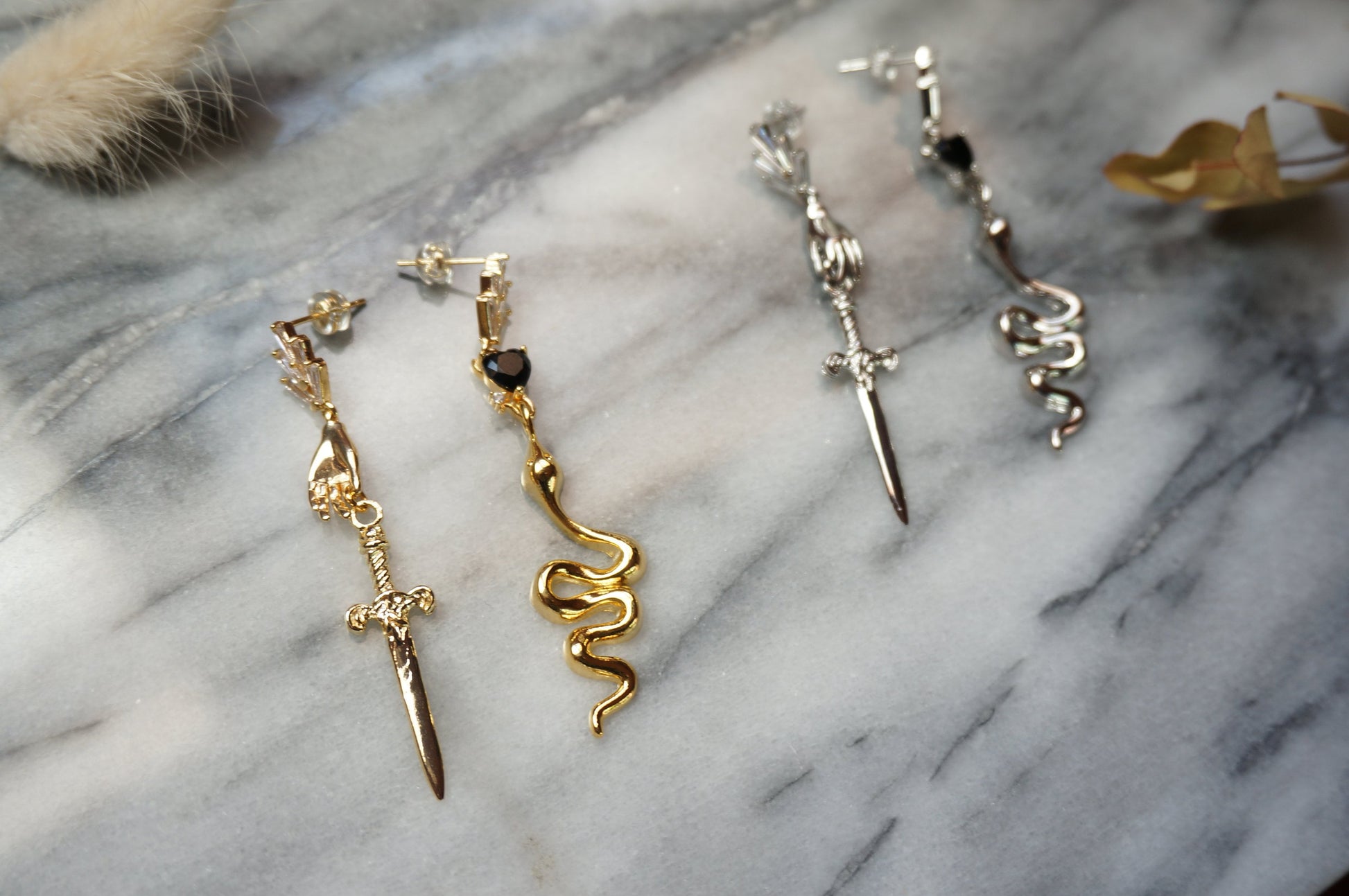 HERMES Gold/Silver Dagger and Serpent Mismatched Earrings/ Sword and Snake Earrings