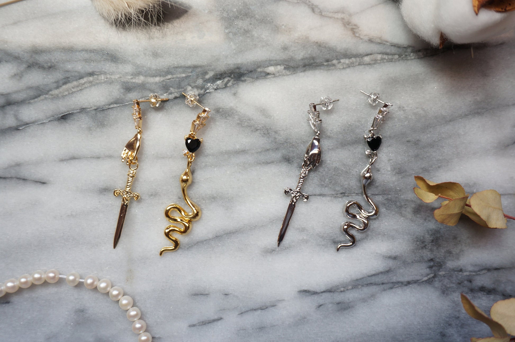 HERMES Gold/Silver Dagger and Serpent Mismatched Earrings/ Sword and Snake Earrings