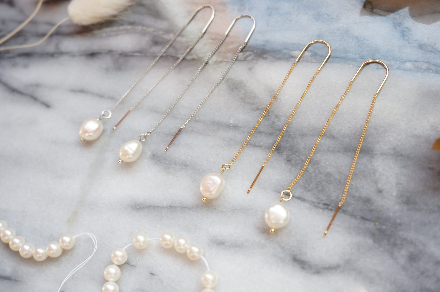 Gold/Silver Minimal Pearl Threader Earrings / Dainty Wedding Earrings
