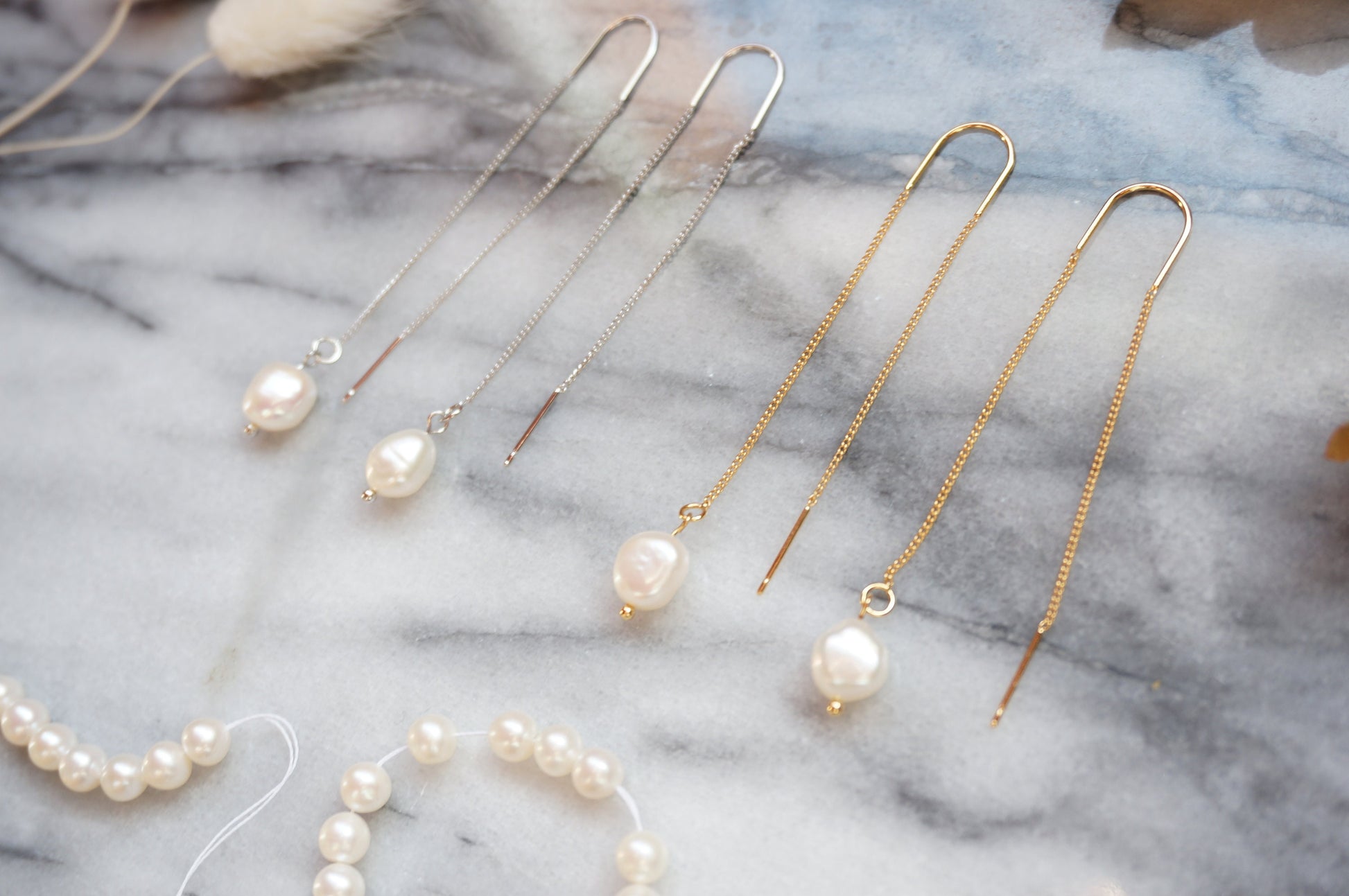 Gold/Silver Minimal Pearl Threader Earrings / Dainty Wedding Earrings