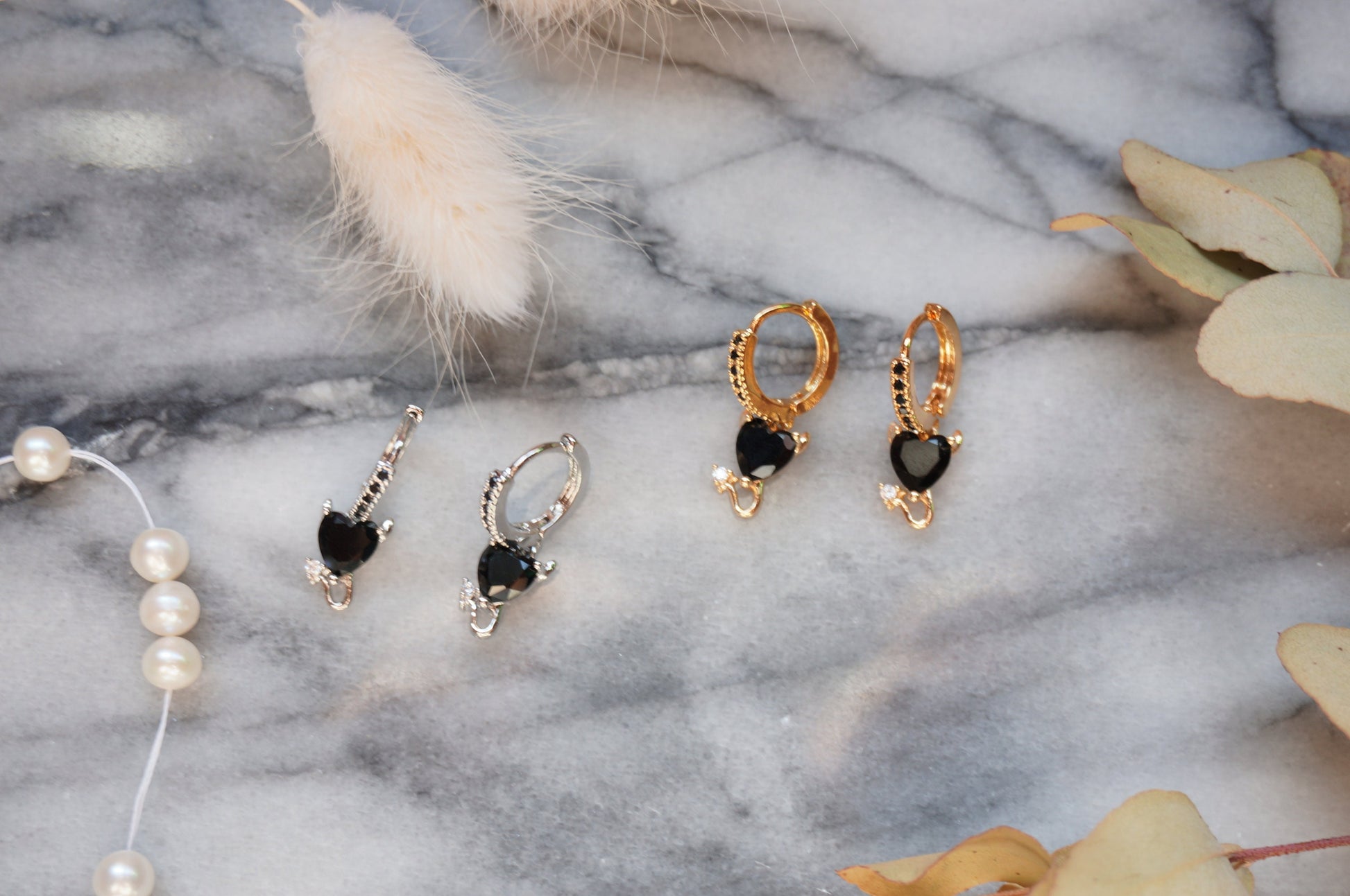 BEDAZZLED Gold/Silver Black Devil's Heart Mini Hoop/Huggie Earrings