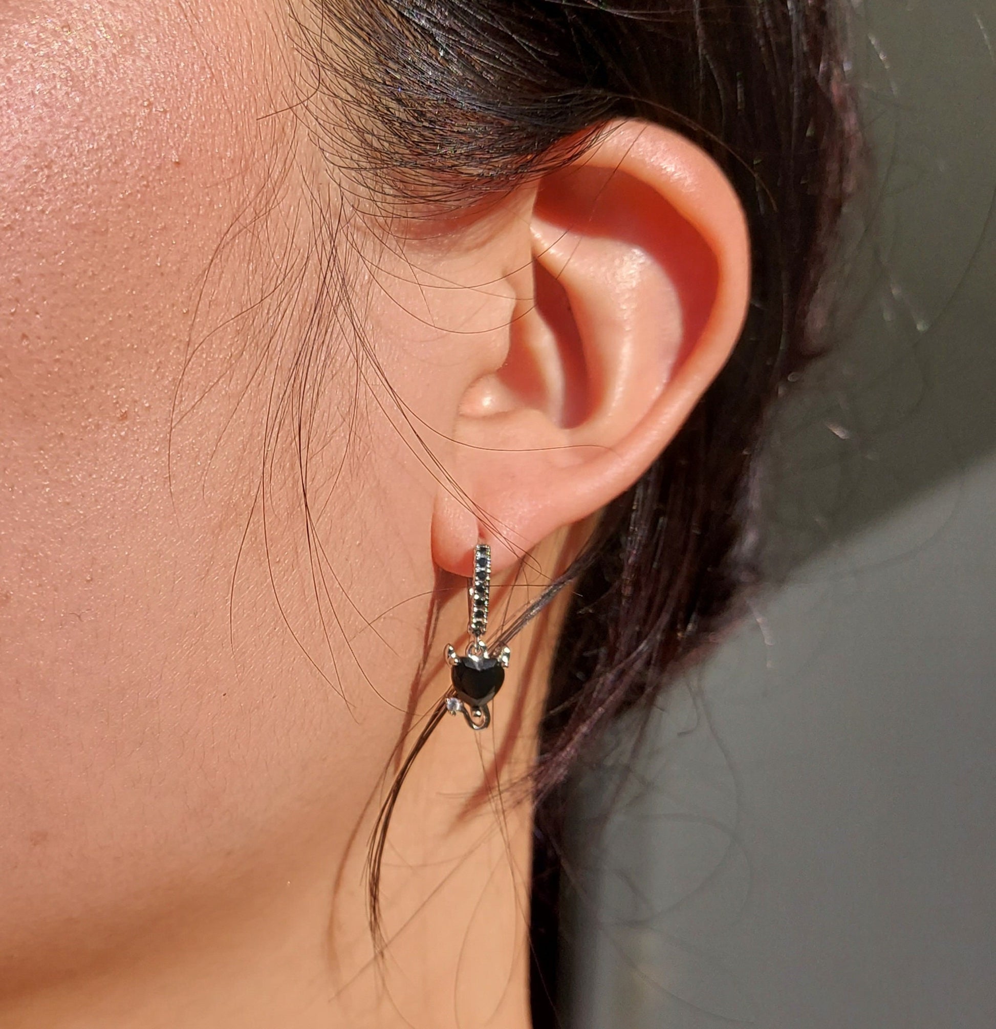 BEDAZZLED Gold/Silver Black Devil's Heart Mini Hoop/Huggie Earrings