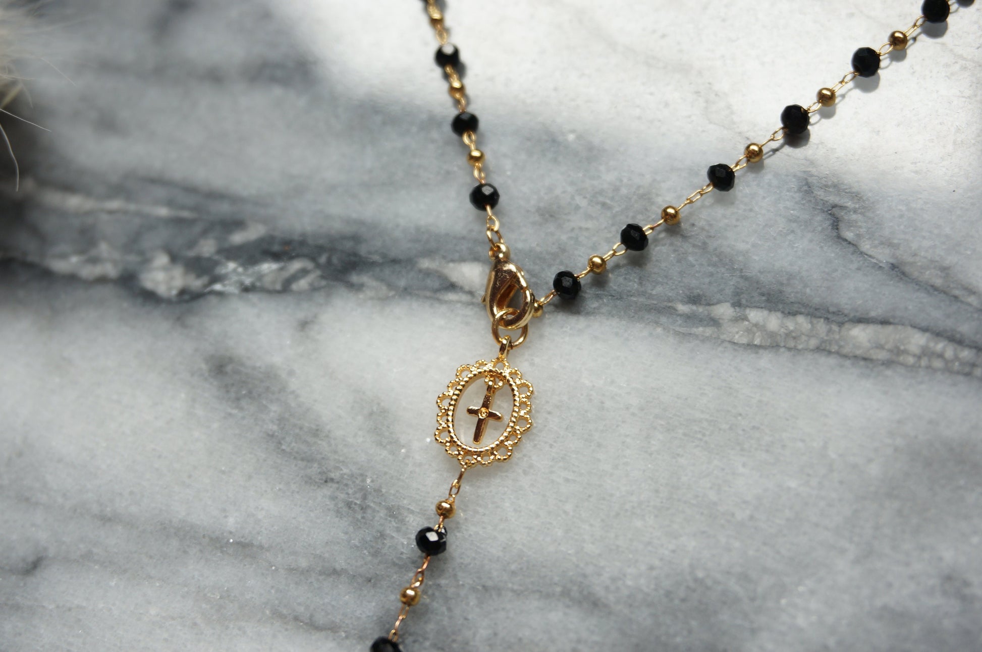 Black/Red/White and Gold Rosary Necklace / Cross Necklace /Lariat Necklace