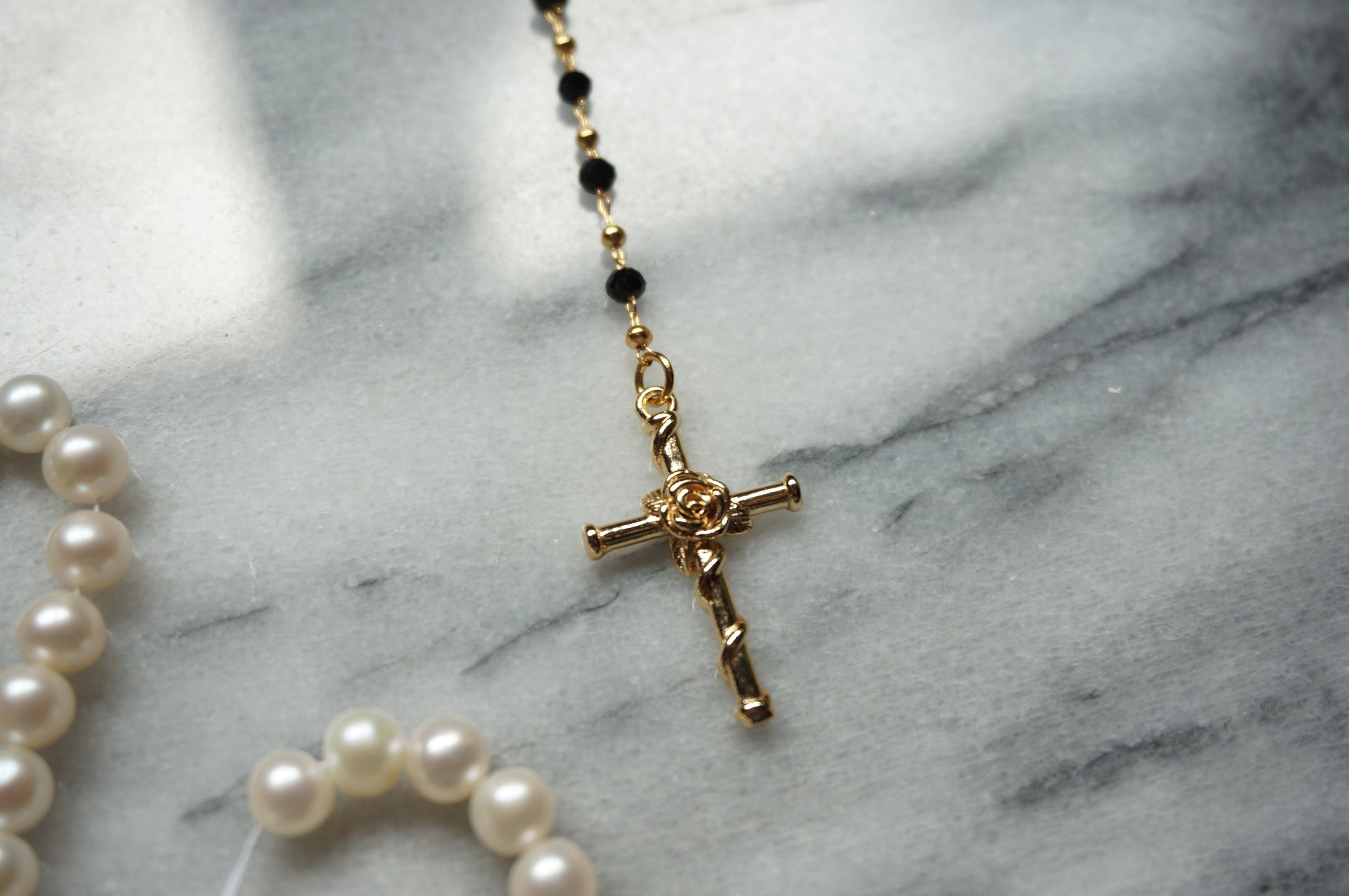 Black/Red/White and Gold Rosary Necklace / Cross Necklace /Lariat Necklace