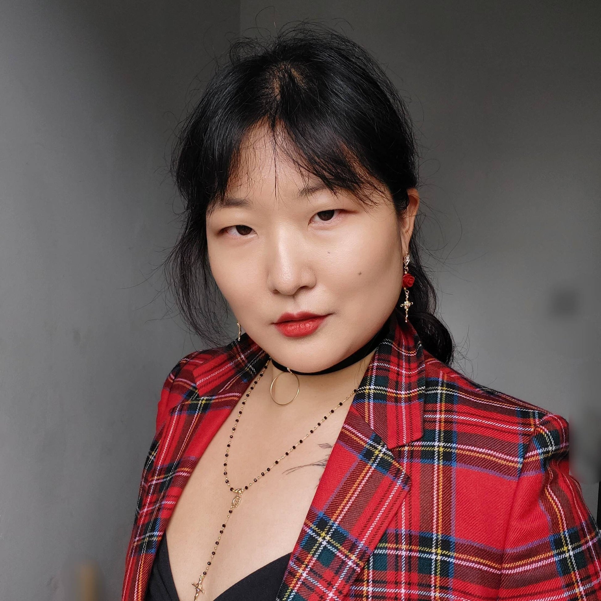 Black/Red/White and Gold Rosary Necklace / Cross Necklace /Lariat Necklace