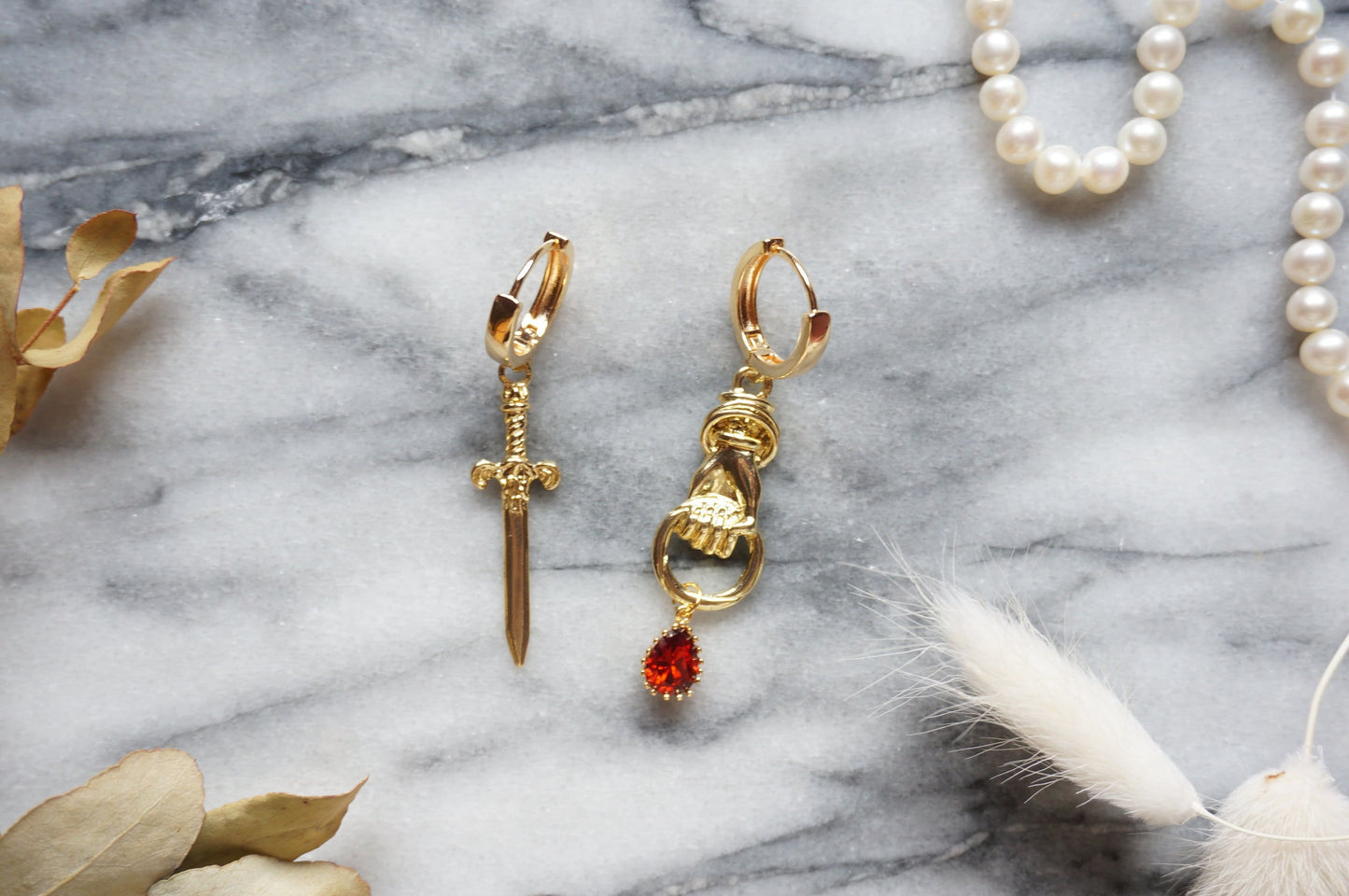 THE HAND Sword and Teardrop Mismatched Huggie Earrings / Red Teardrop Earrings