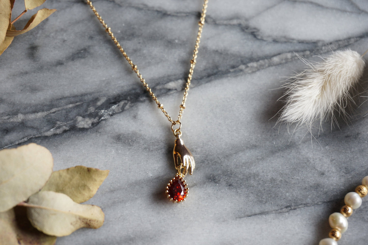 SCARLET Gold/Silver Dainty Hand and Red Gem Necklace / Hand and Blood Drop Necklace