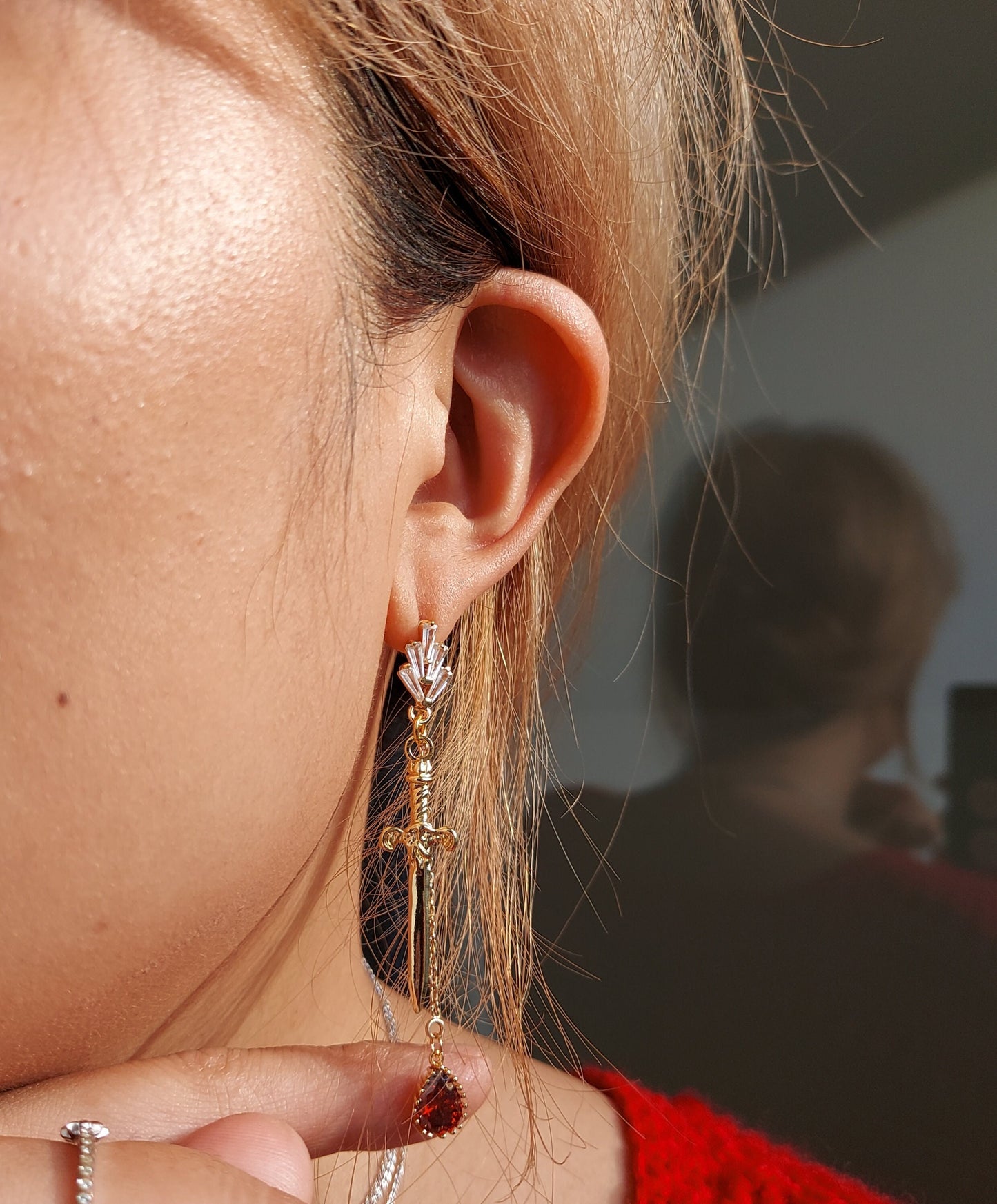 Sword and Blood Drop Dangle 2 Way Earrings / Gold,Silver, Black Deep Red Teardrop Earrings