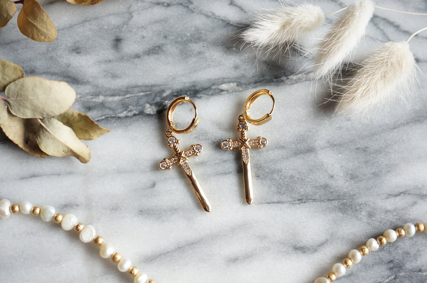 EXCALIBUR Sword Huggie Earrings / Gold Sword Hoop Earrings