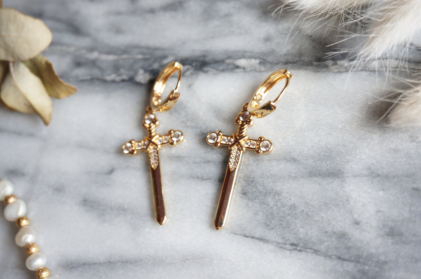 EXCALIBUR Sword Huggie Earrings / Gold Sword Hoop Earrings