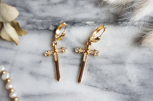 EXCALIBUR Sword Huggie Earrings / Gold Sword Hoop Earrings