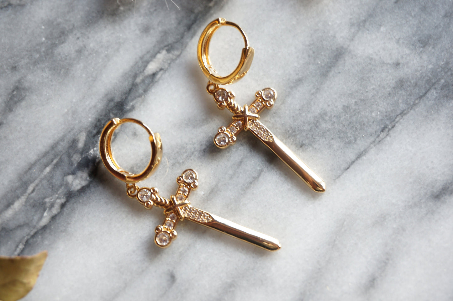 EXCALIBUR Sword Huggie Earrings / Gold Sword Hoop Earrings