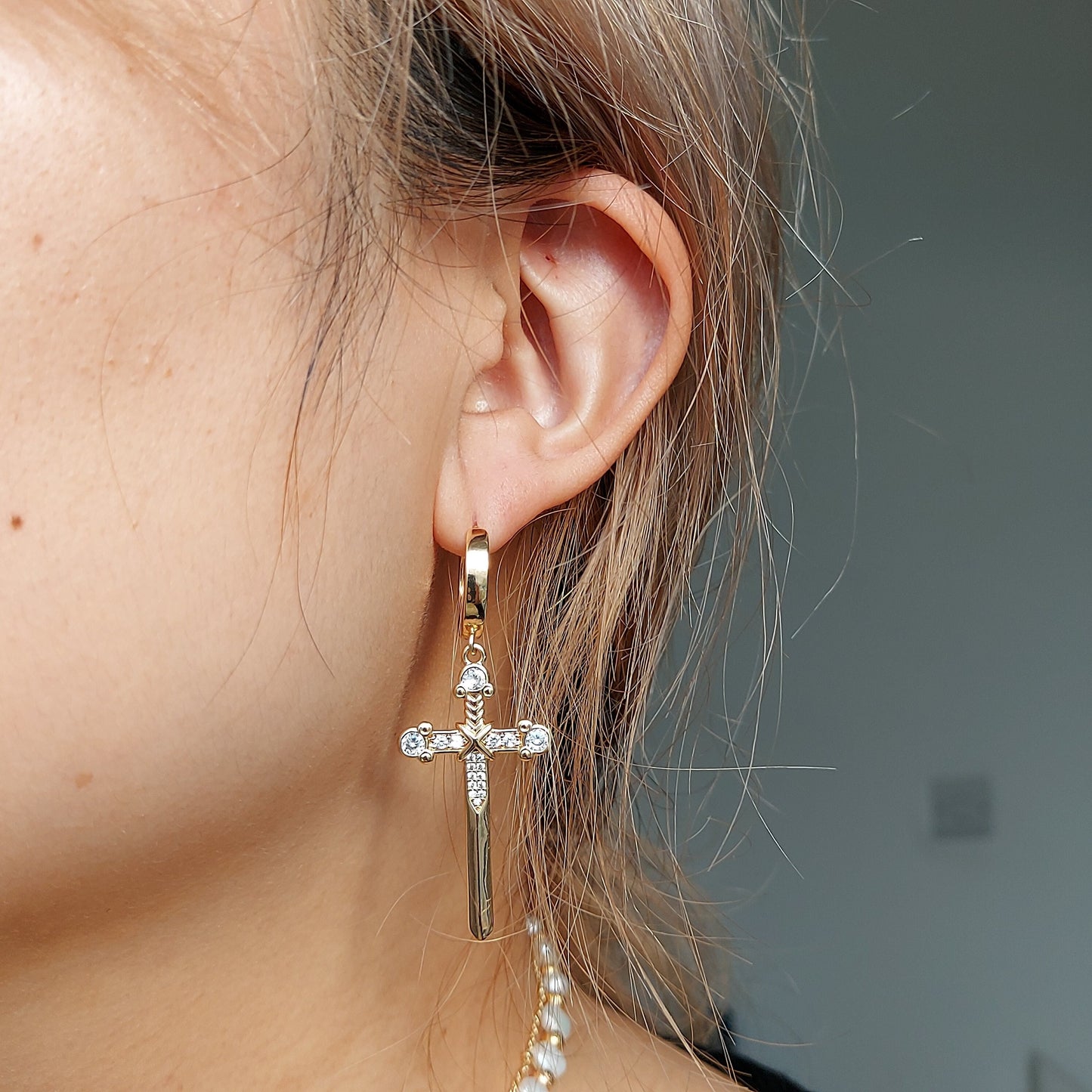 EXCALIBUR Sword Huggie Earrings / Gold Sword Hoop Earrings