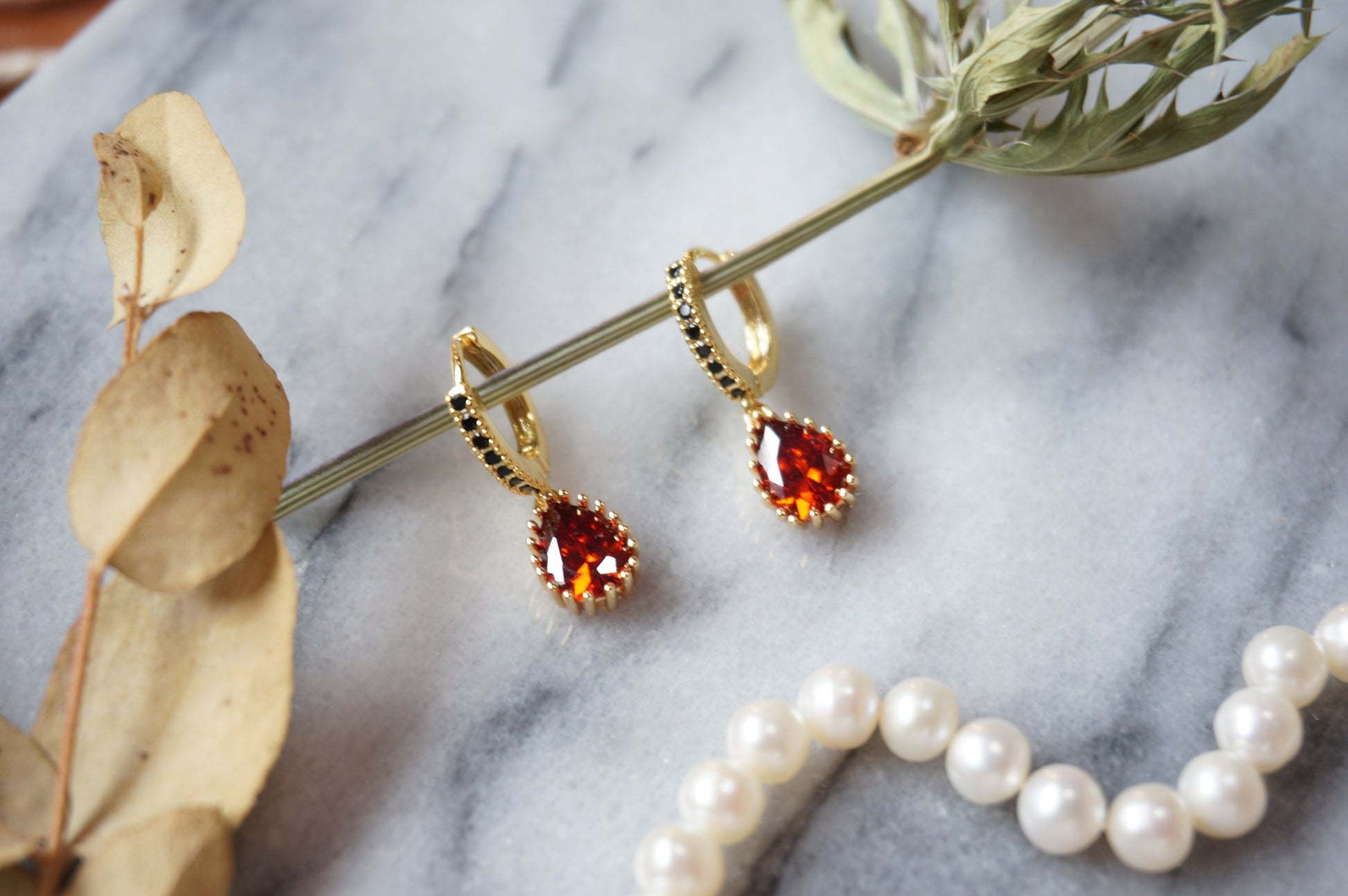 RUBY Gold/Silver/Black Red Teardrop Huggie Earrings with Black Cubic