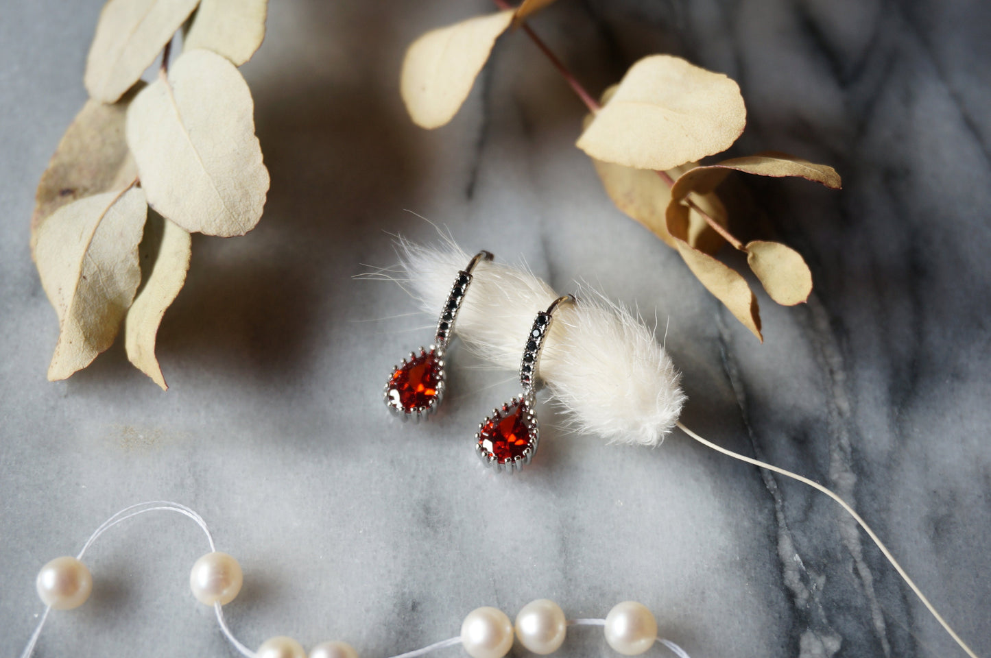 RUBY Gold/Silver/Black Red Teardrop Huggie Earrings with Black Cubic