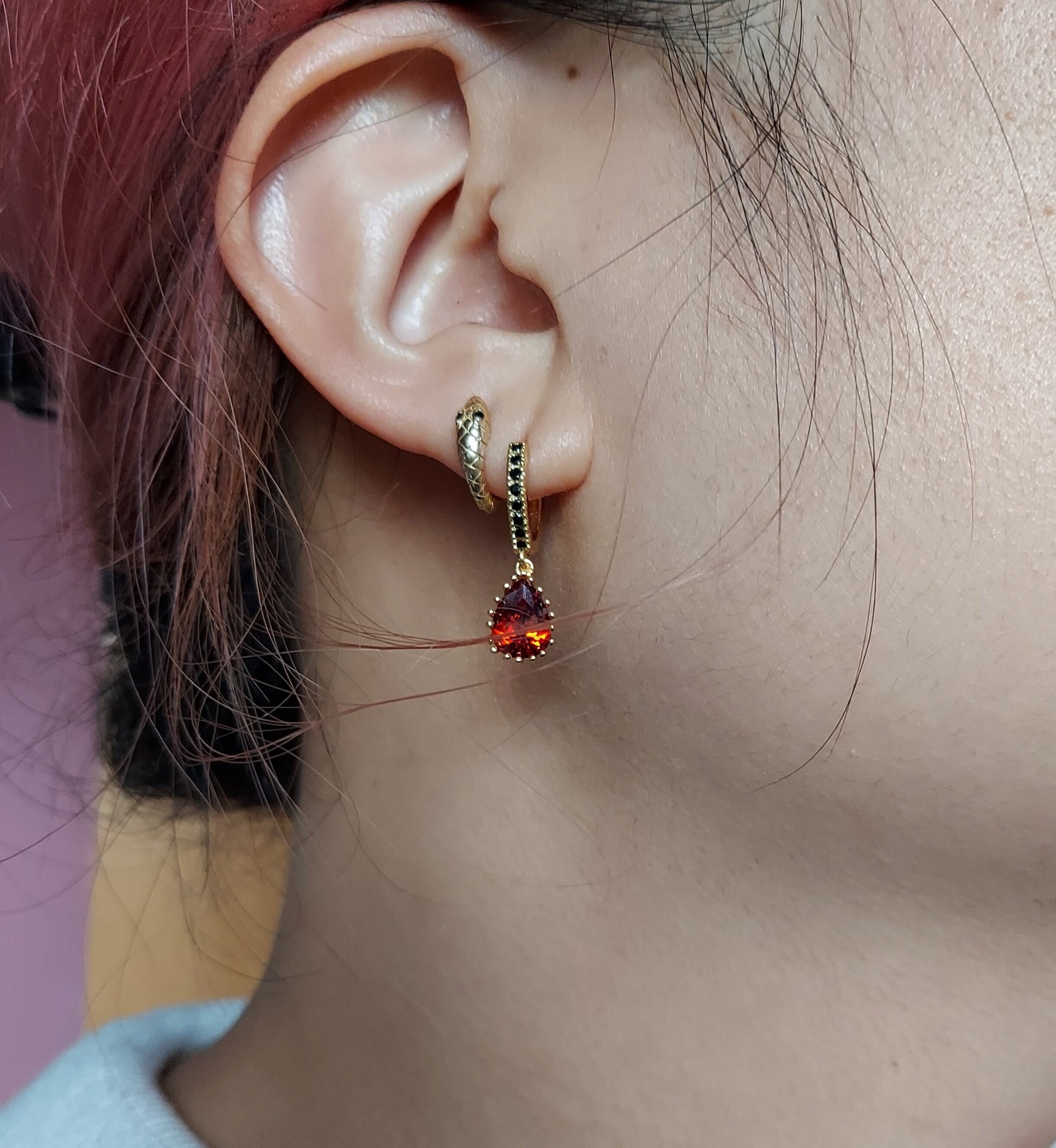 RUBY Gold/Silver/Black Red Teardrop Huggie Earrings with Black Cubic