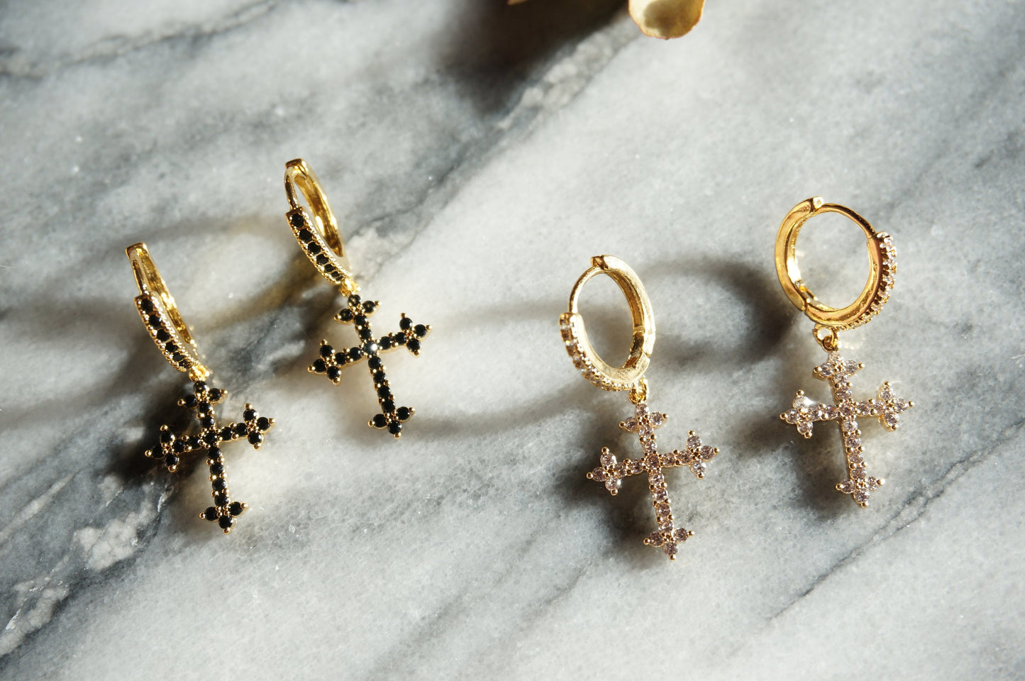 Gold Cross Clear/Black Huggie Earrings