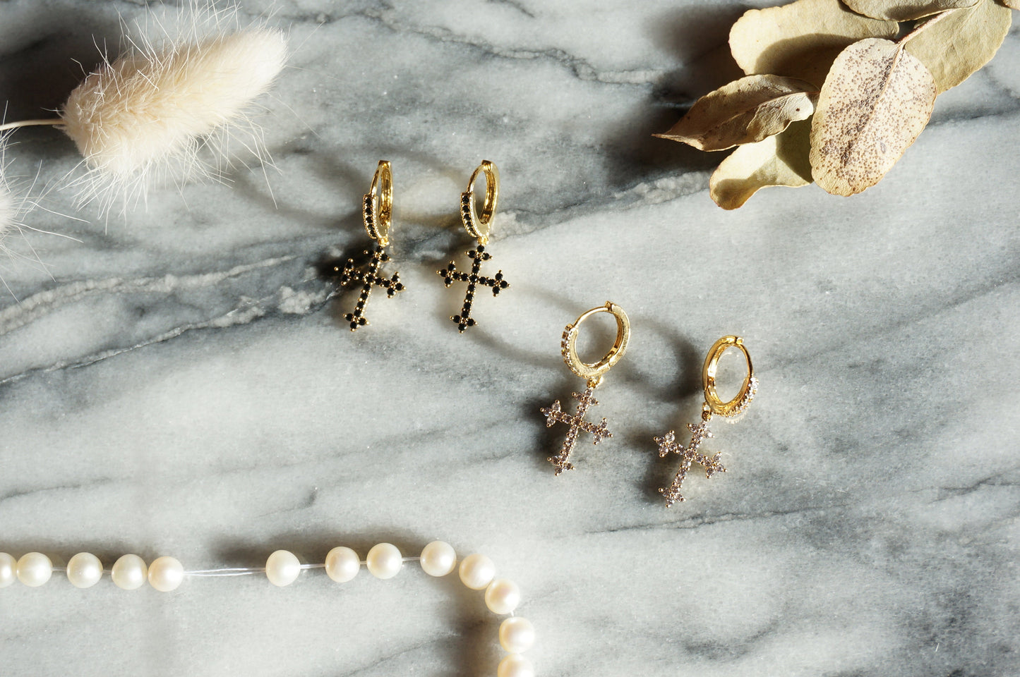 Gold Cross Clear/Black Huggie Earrings