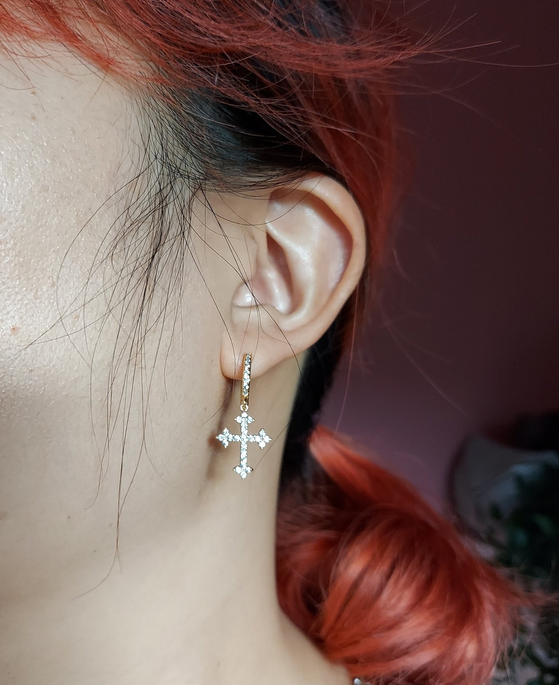 Gold Cross Clear/Black Huggie Earrings