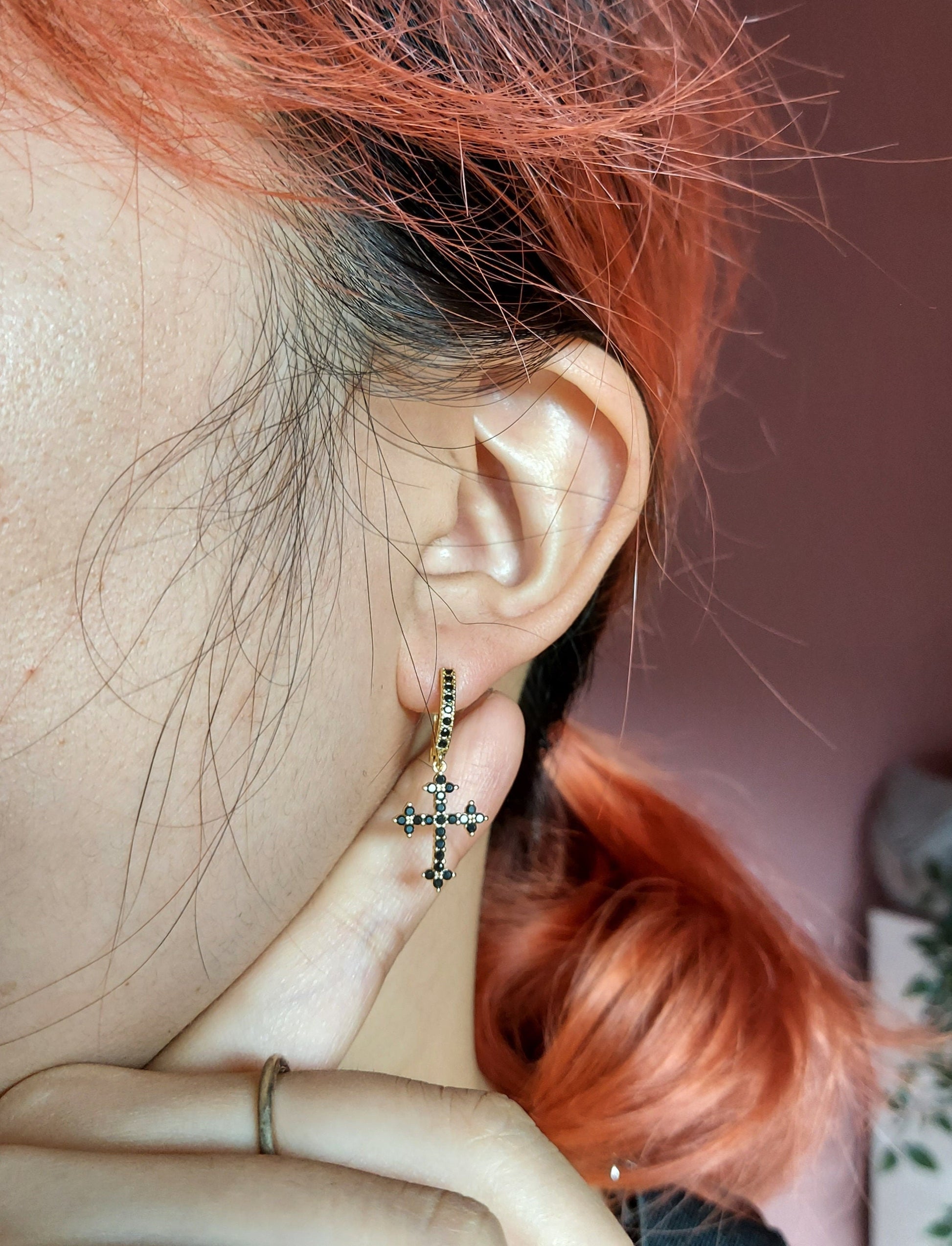 Gold Cross Clear/Black Huggie Earrings