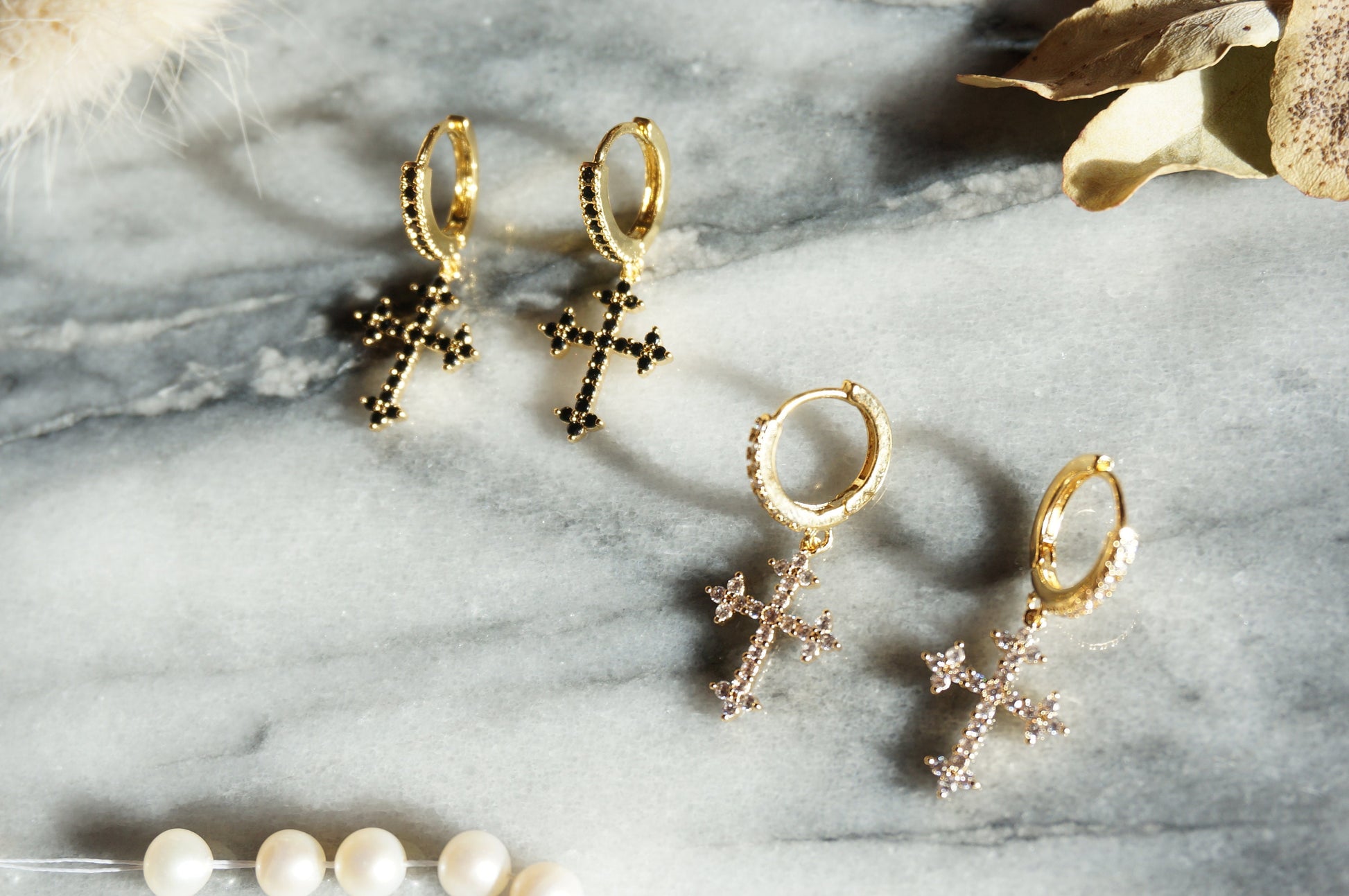 Gold Cross Clear/Black Huggie Earrings