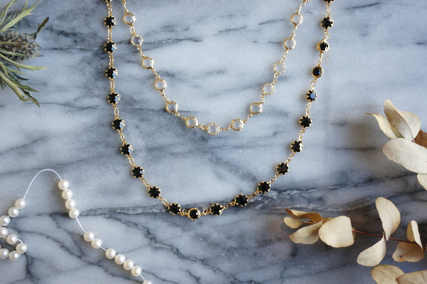 Black/Clear Crystal Gold Chain Choker/ Gold Chain Choker