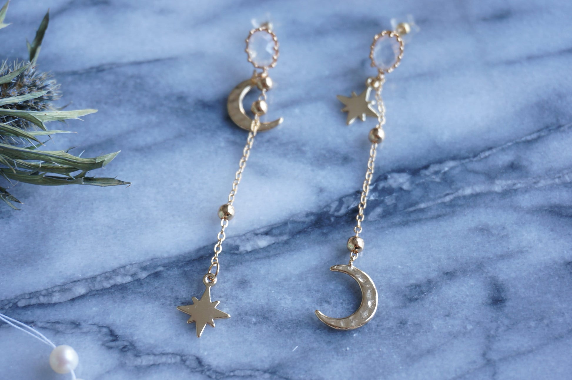 GEMINI Moon and Star Dangle Earrings / Celestial Earrings