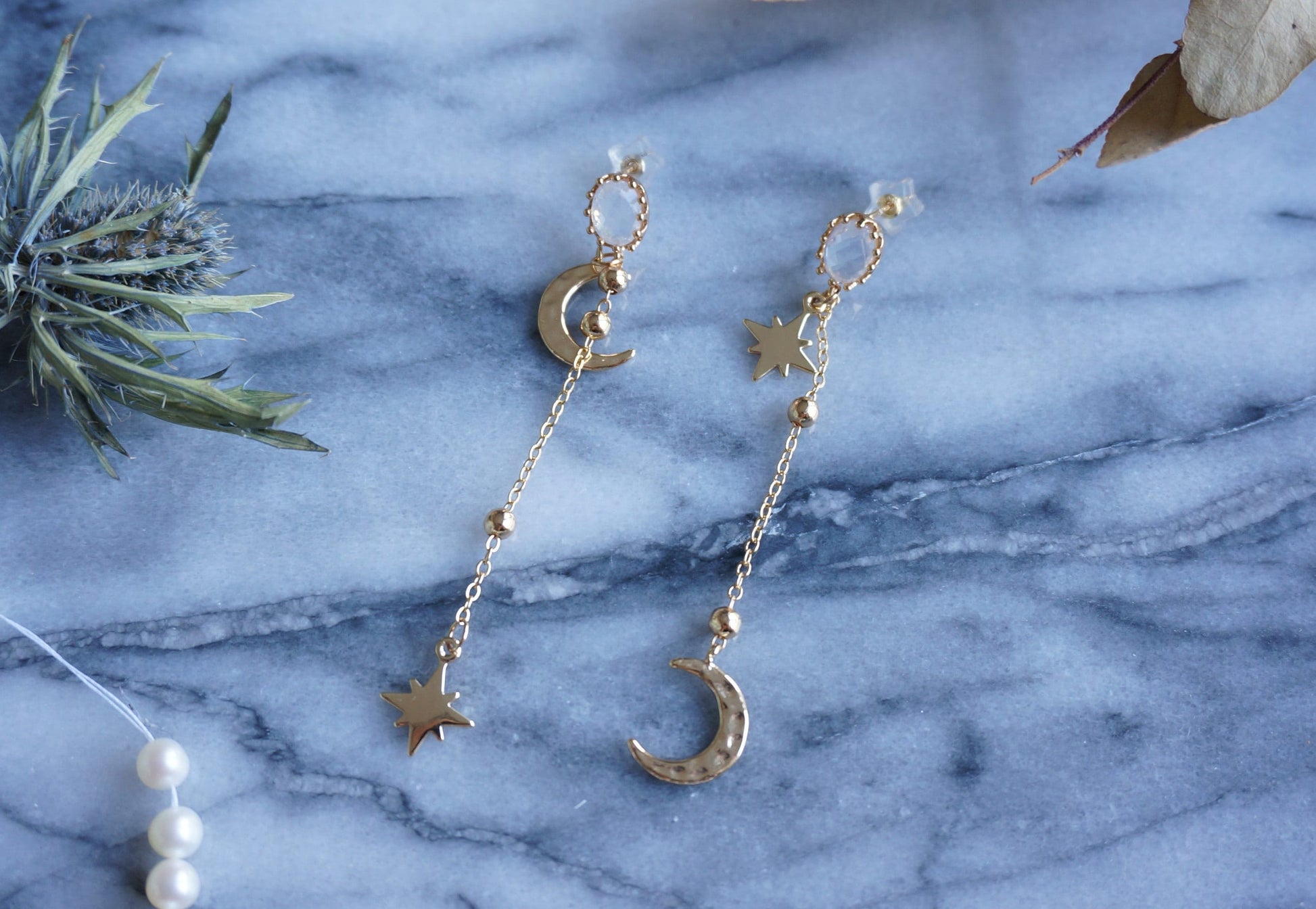 GEMINI Moon and Star Dangle Earrings / Celestial Earrings