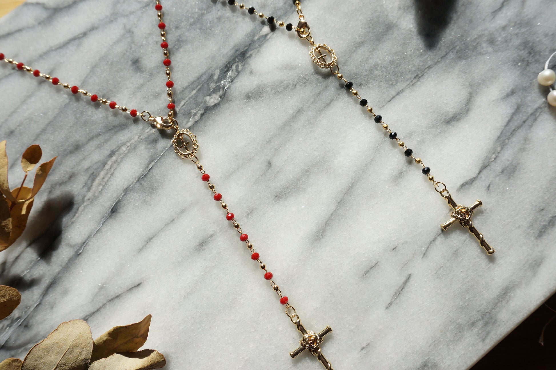 Black/Red/White and Gold Rosary Necklace / Cross Necklace /Lariat Necklace