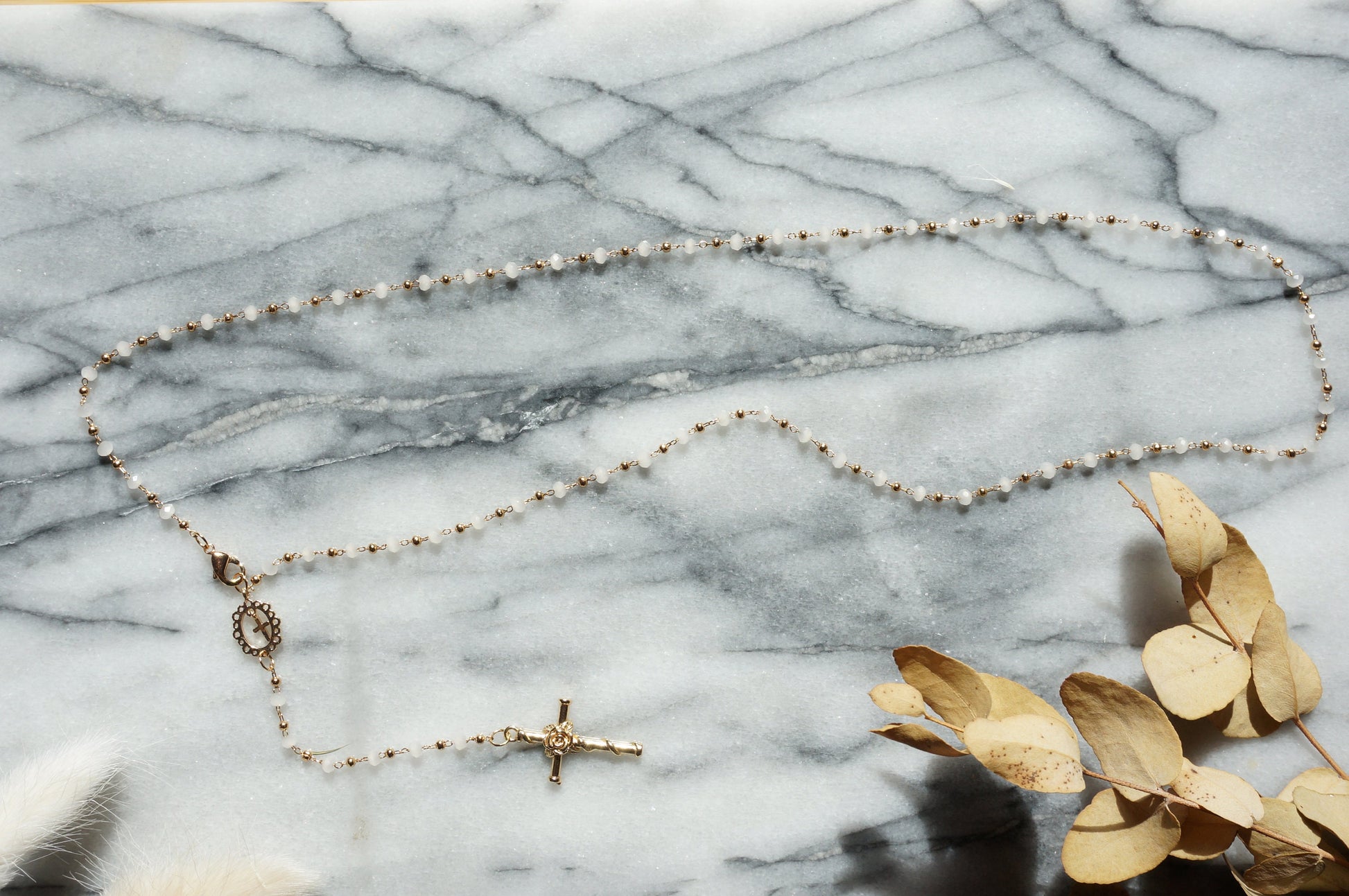 Black/Red/White and Gold Rosary Necklace / Cross Necklace /Lariat Necklace